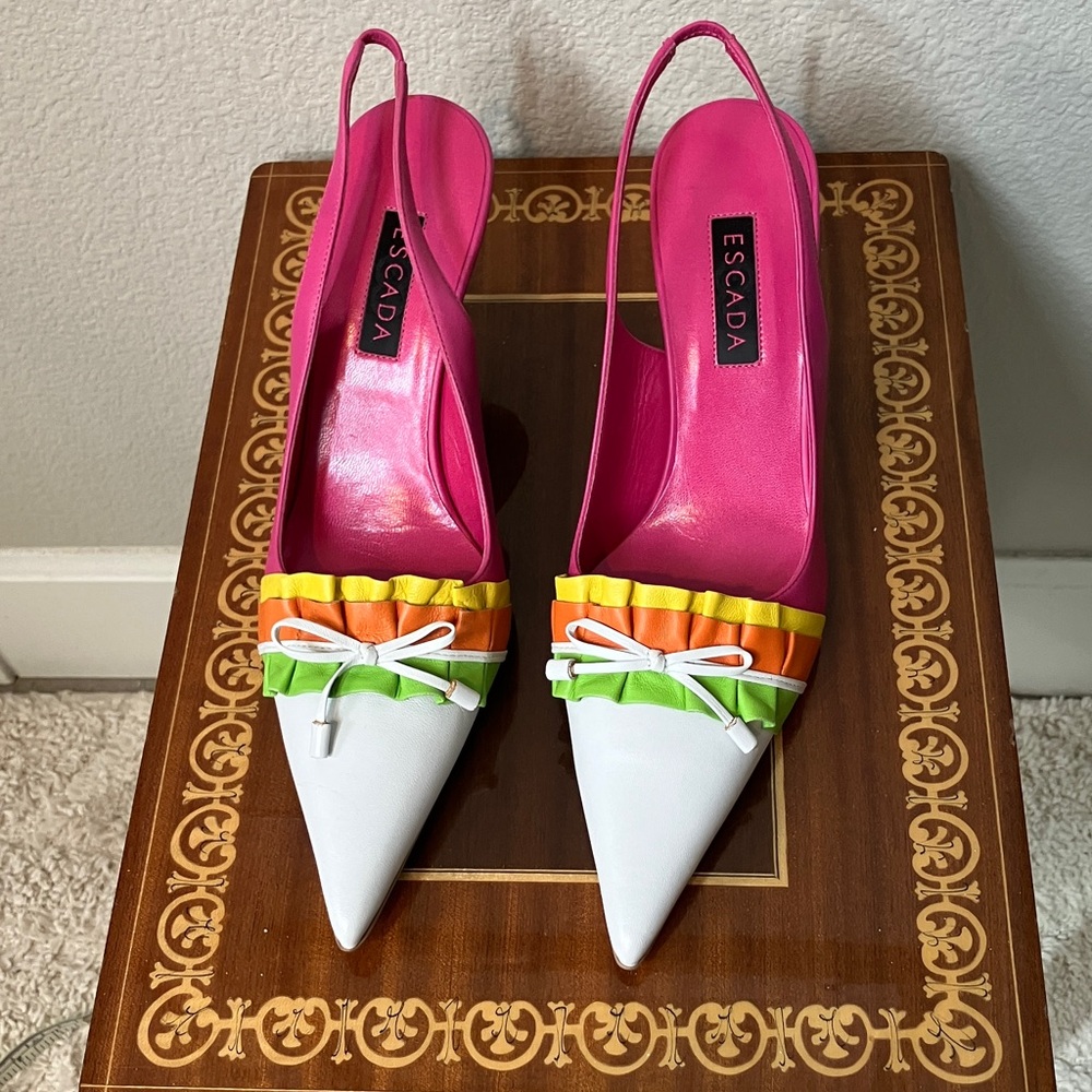 New 38 Escada Shoes Pink White Yellow Orange Green - Picture 9 of 9